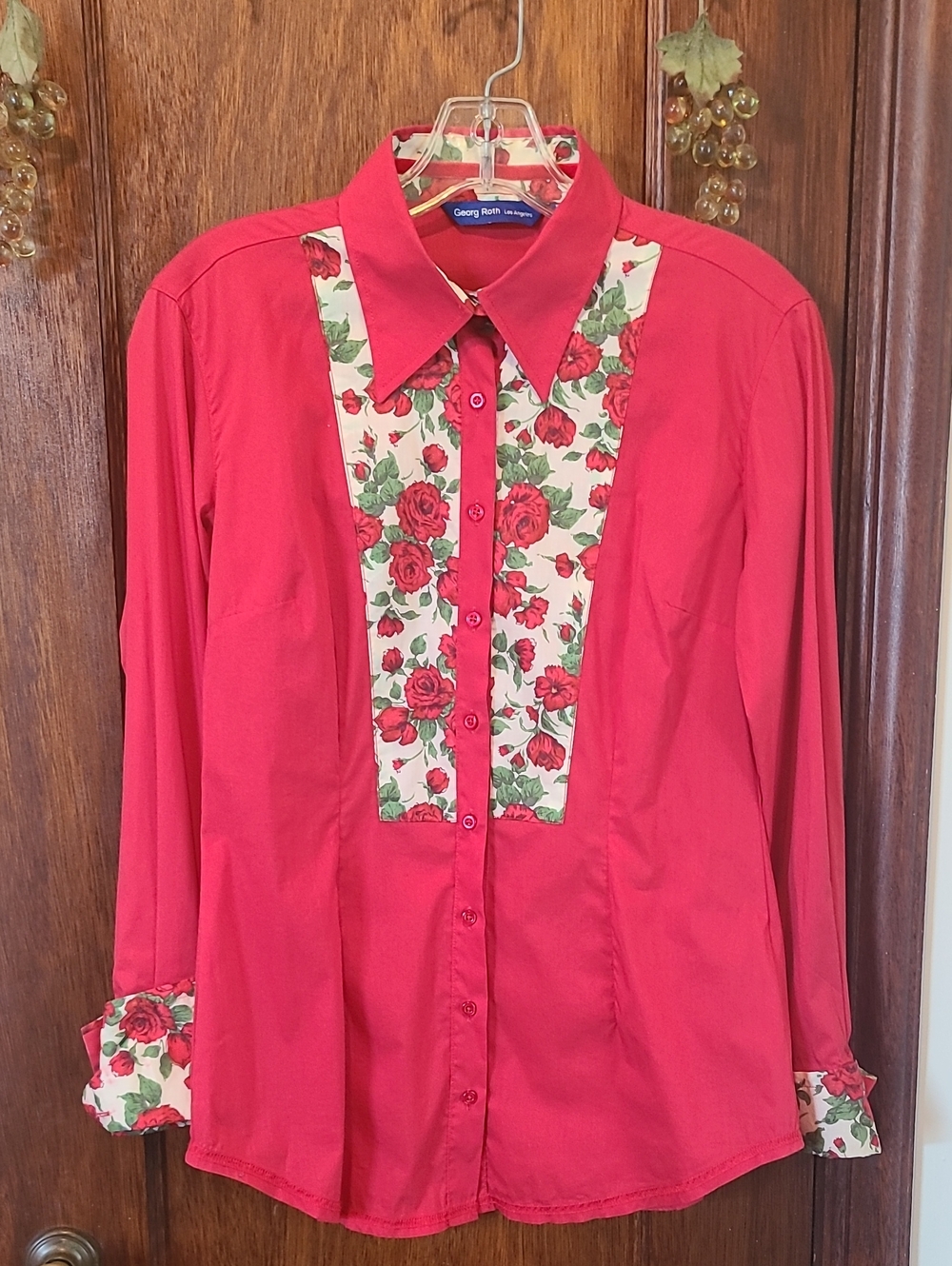 Vintage Georg Roth Red Floral Western Style Button Down Shirt Size Medium